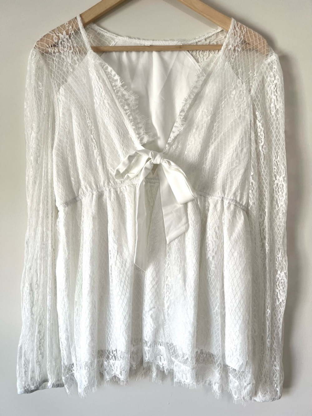 White Lace Tie-Front Blouse with Ribbon Detail